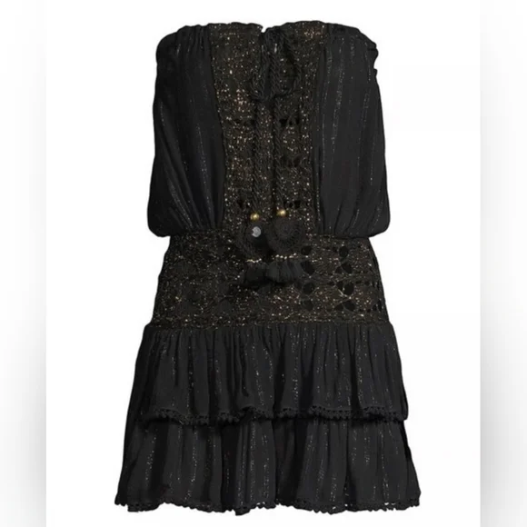 Black Strapless Gold Metallic Lace Dress Beach Cover-up